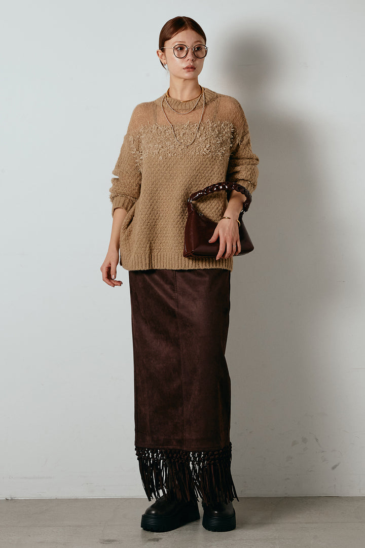 [SET]パターンランダム編みニットトップス+スウェードライク裾フリンジスカート(2set)