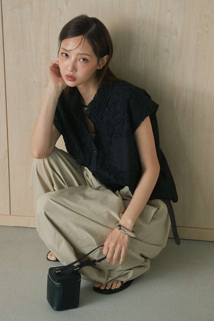 [SET]フラワーモチーフレースポケット付きフレンチシャツ+ニーサイドタックボリュームカーブパンツ(2set)