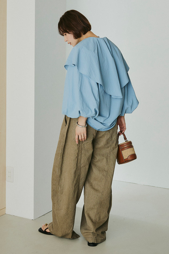 [SET]ケープカラーナイロンブラウス+サイドベルトカーブワイドパンツ(2set)