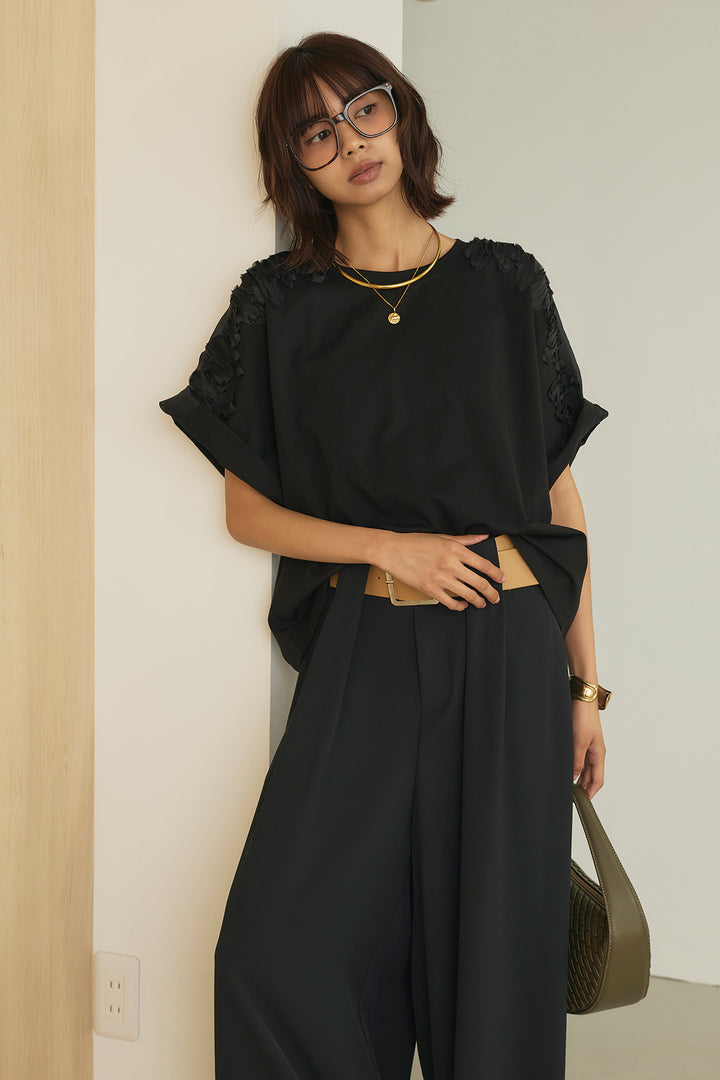 [SET]ショルダーシフォン刺繍カットソー+ドレープベルトループワイドパンツ(2set)