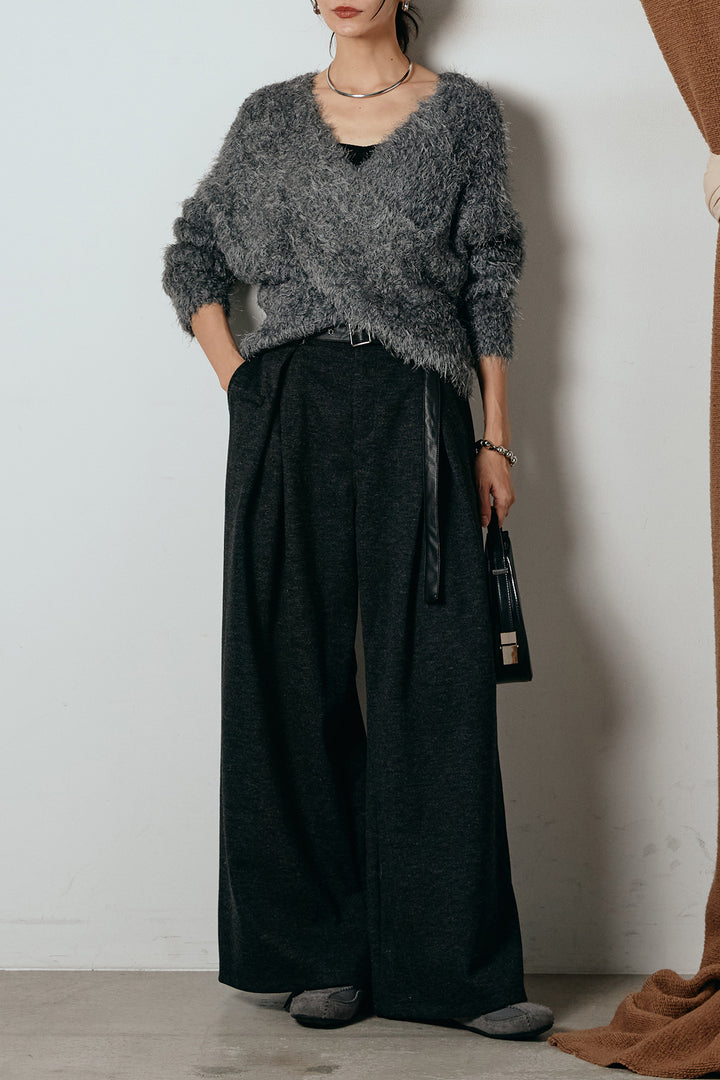 [SET]シャギークロスニットトップス+細ベルト付き起毛タックワイドパンツ(2set)