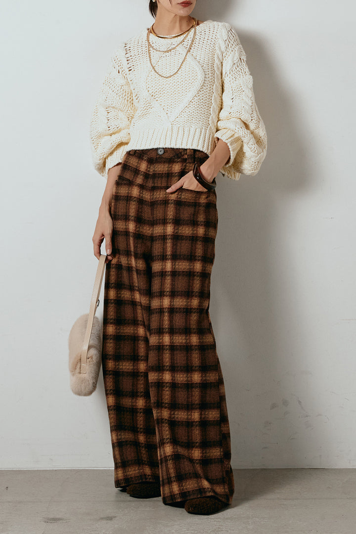 [SET]ロービングケーブルショート丈プルオーバー+ルーズタータンチェックワイドパンツ(2set)