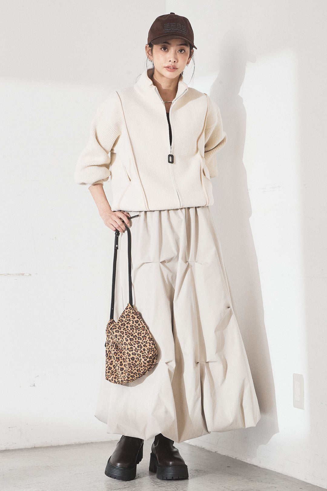 [SET]ハイネックパイピングデザインブルゾン+ランダムタックバルーンスカート(2set)