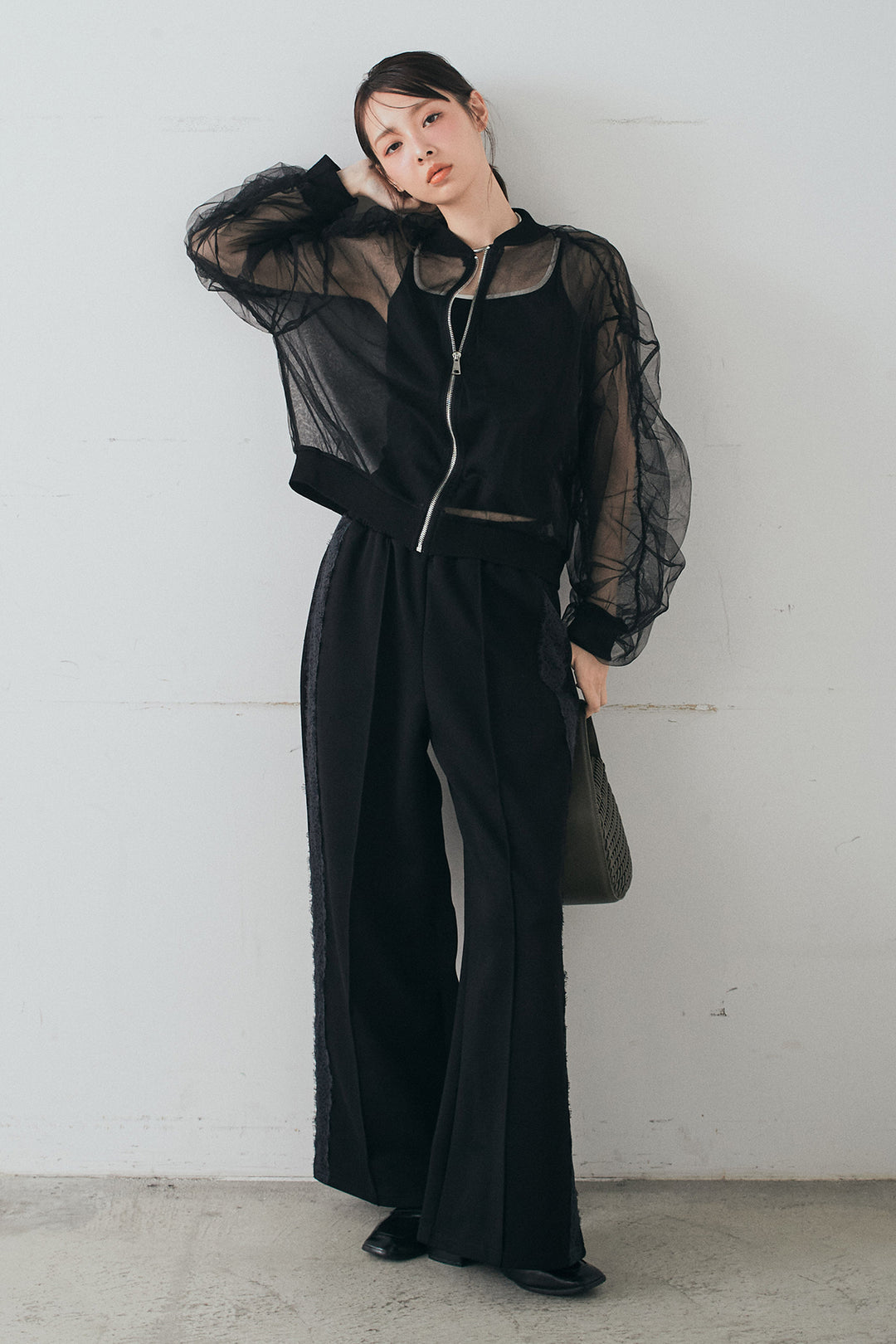 [SET]エアリーチュールスリーブシアーブルゾン+Wフェイスカットソーサイドレースラインパンツ(2set)