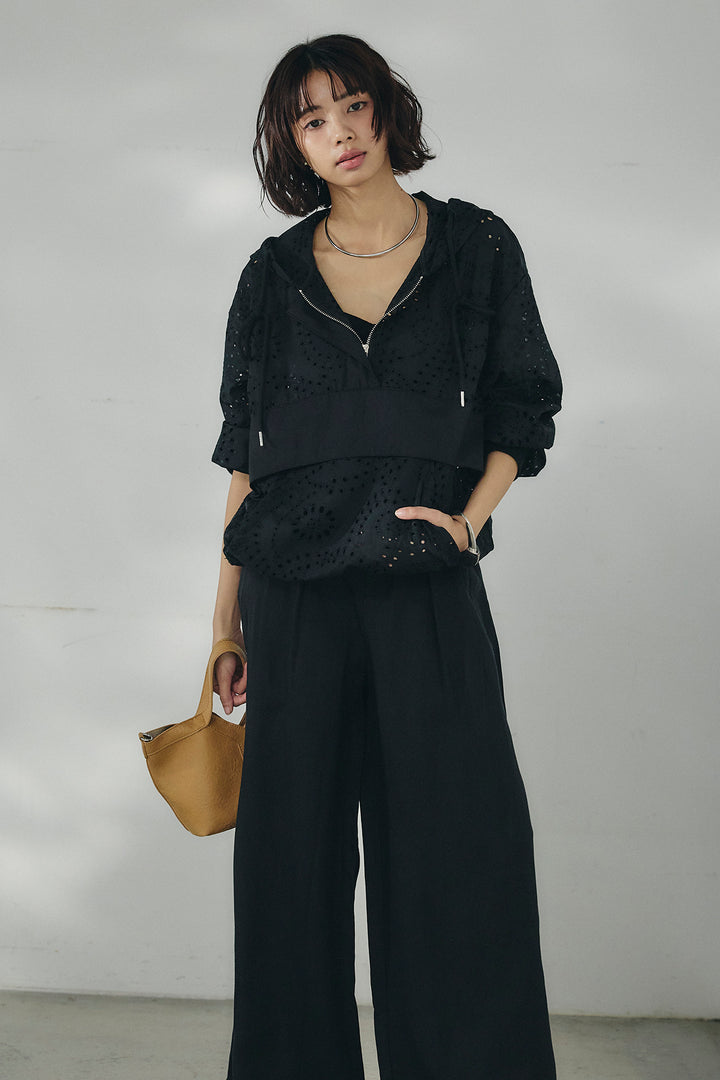 [SET]レースハーフジップアップフーディー+リネン混タックストレートワイドパンツ(2set)