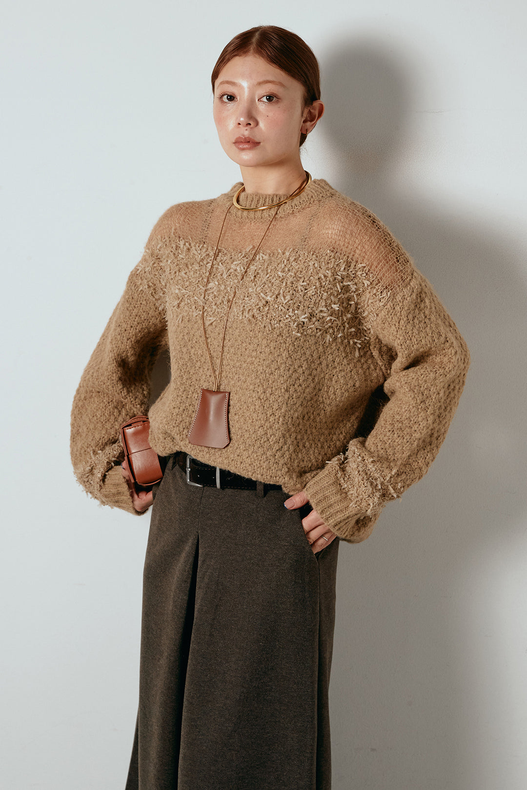 [SET]パターンランダム編みニットトップス+ベルト付きフロントタックデザインパンツ(2set)