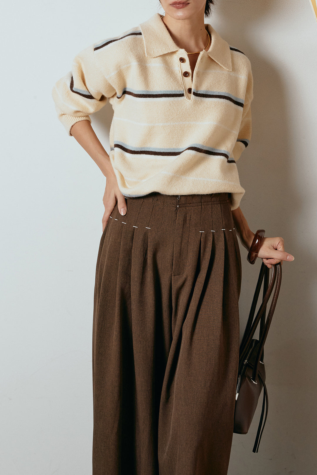 [SET]襟付きマルチボーダーニットポロトップス+ウエストステッチデザインワイドスラックス(2set)