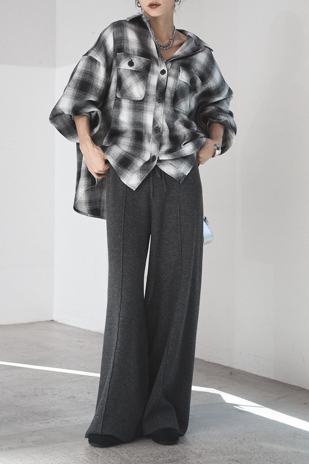 [SET]オンブレーチェックビッグシルエットCPOシャツ+センターラインニットパンツ(2set)