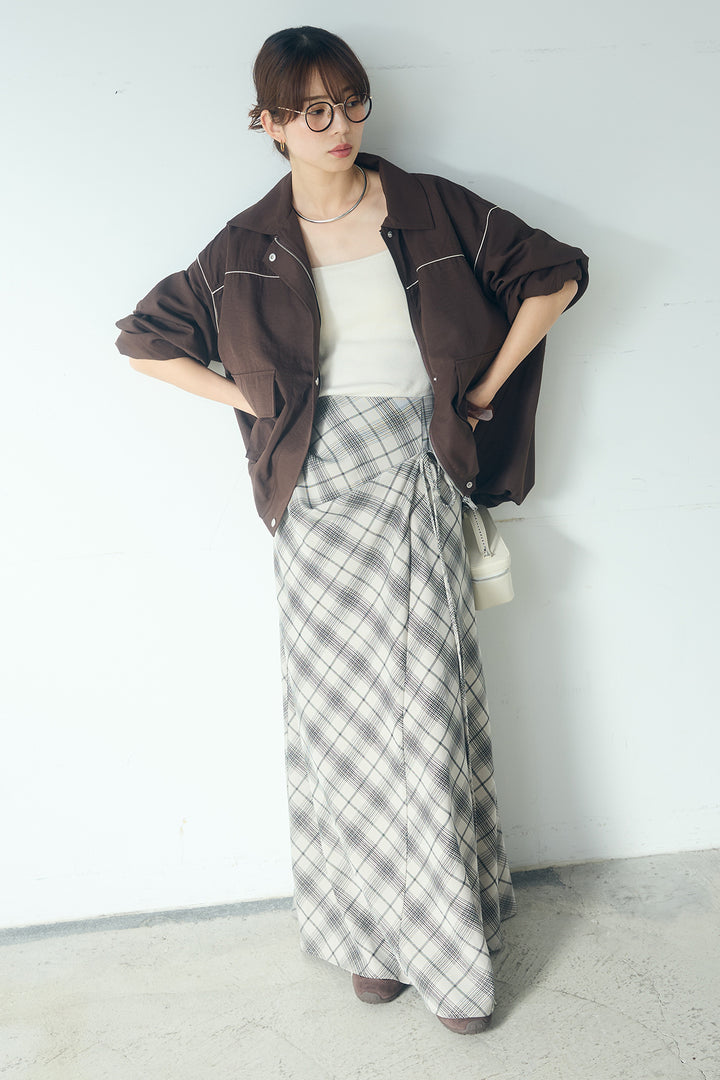 [SET]合繊ツイルバルーンジャケット+タータンチェック柄フロントデザインスカート(2set)