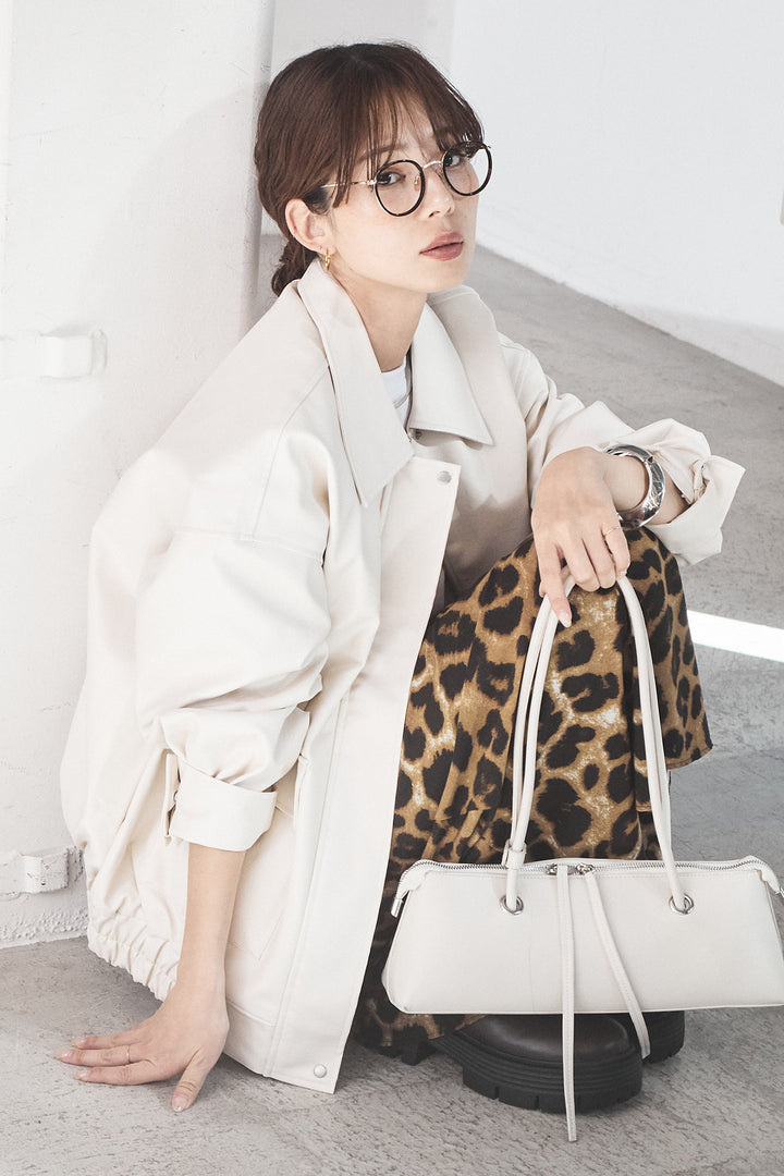 [SET]レザーライクオーバーサイズブルゾン+レオパードサテンナロースカート(2set)