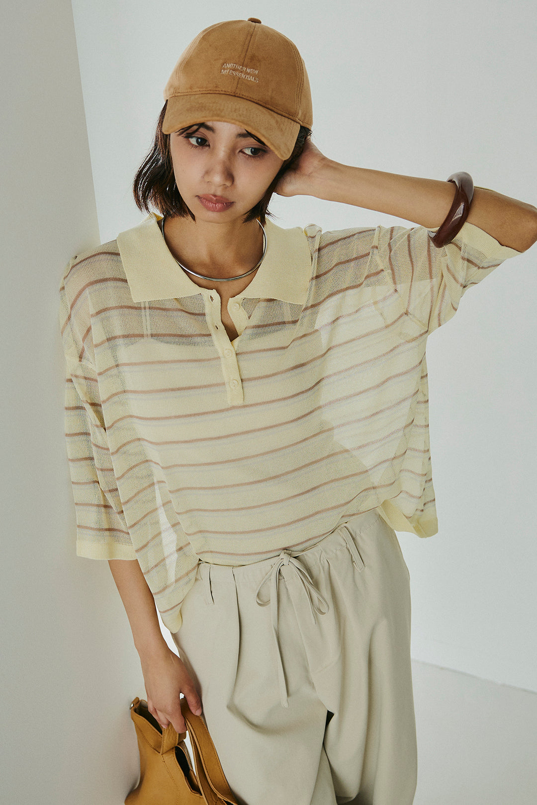 [SET]ボーダーニットポロシャツ+ニーサイドタックウエストドロスパンツ(2set)