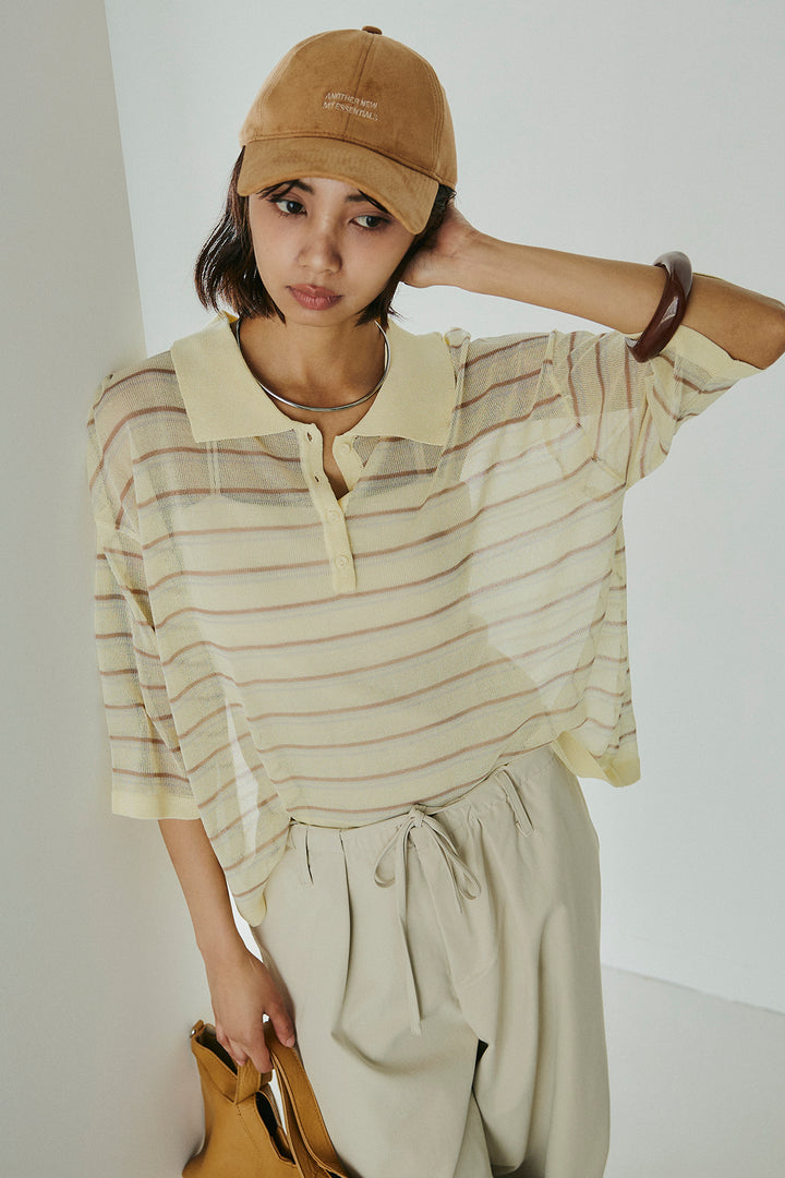 [SET]ボーダーニットポロシャツ+ニーサイドタックウエストドロスパンツ(2set)