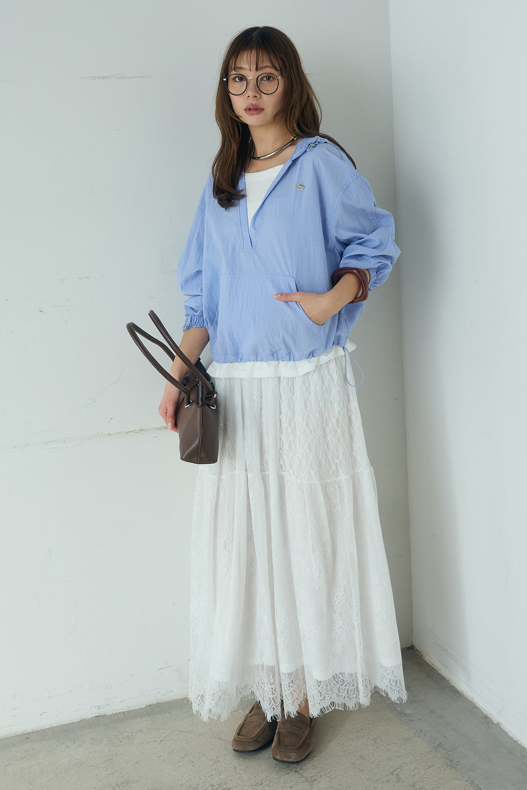 [SET]レイヤードデザインフーディートップス+ひげレース切替ロング丈スカート(2set)