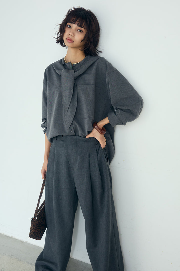 [SET]無地タイ付フーディーBIGシャツ+サイドベルトタック入りスラックス(2set)