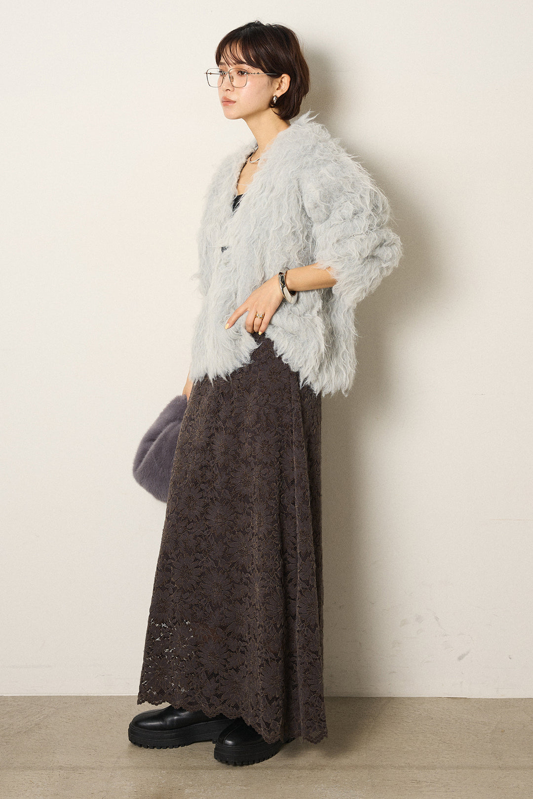 [SET]起毛シャギーニットカーディガン+花柄刺繍ベロアフレアスカート(2set)