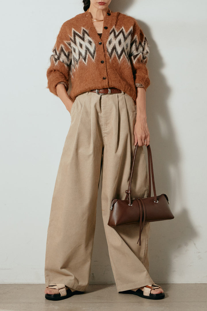 [SET]起毛ノルディック柄ニットカーディガン+フロントタック入りコーデュロイパンツ(2set)