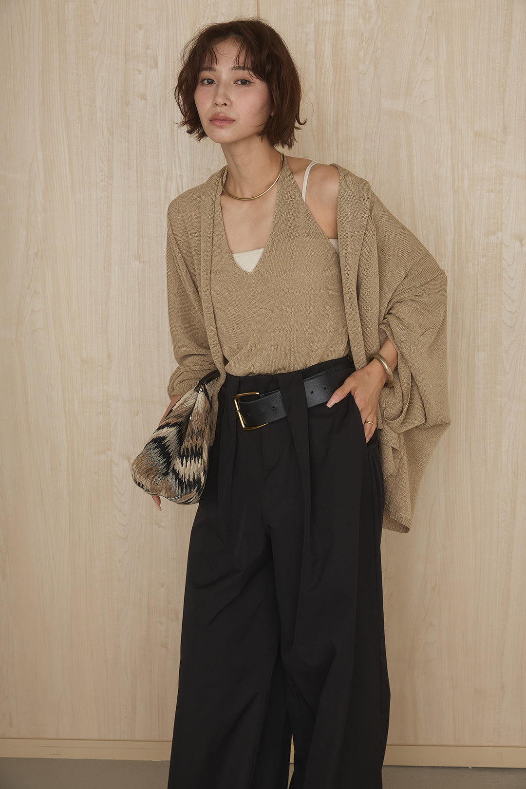 [SET]オーバードルマンカーディガン+ホルターネックインナー+ベルトループデザインハイウエストタックパンツ(3set)