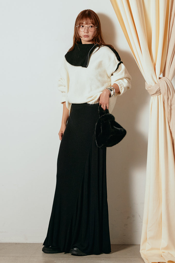 [SET]ハイネックジップデザインニットトップス+サイド切り替えリブニットロングスカート(2set)