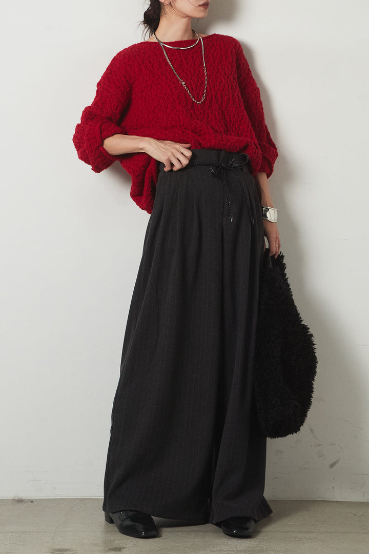 [SET]ボリューム編みニットプルオーバー+編みベルト付きピンストライプワイドパンツ(2set)