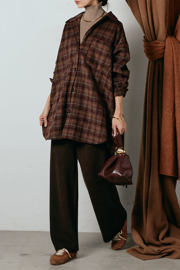 [SET]シャギーチェックシャツジャケット+ワイドリブニットイージーパンツ(2set)