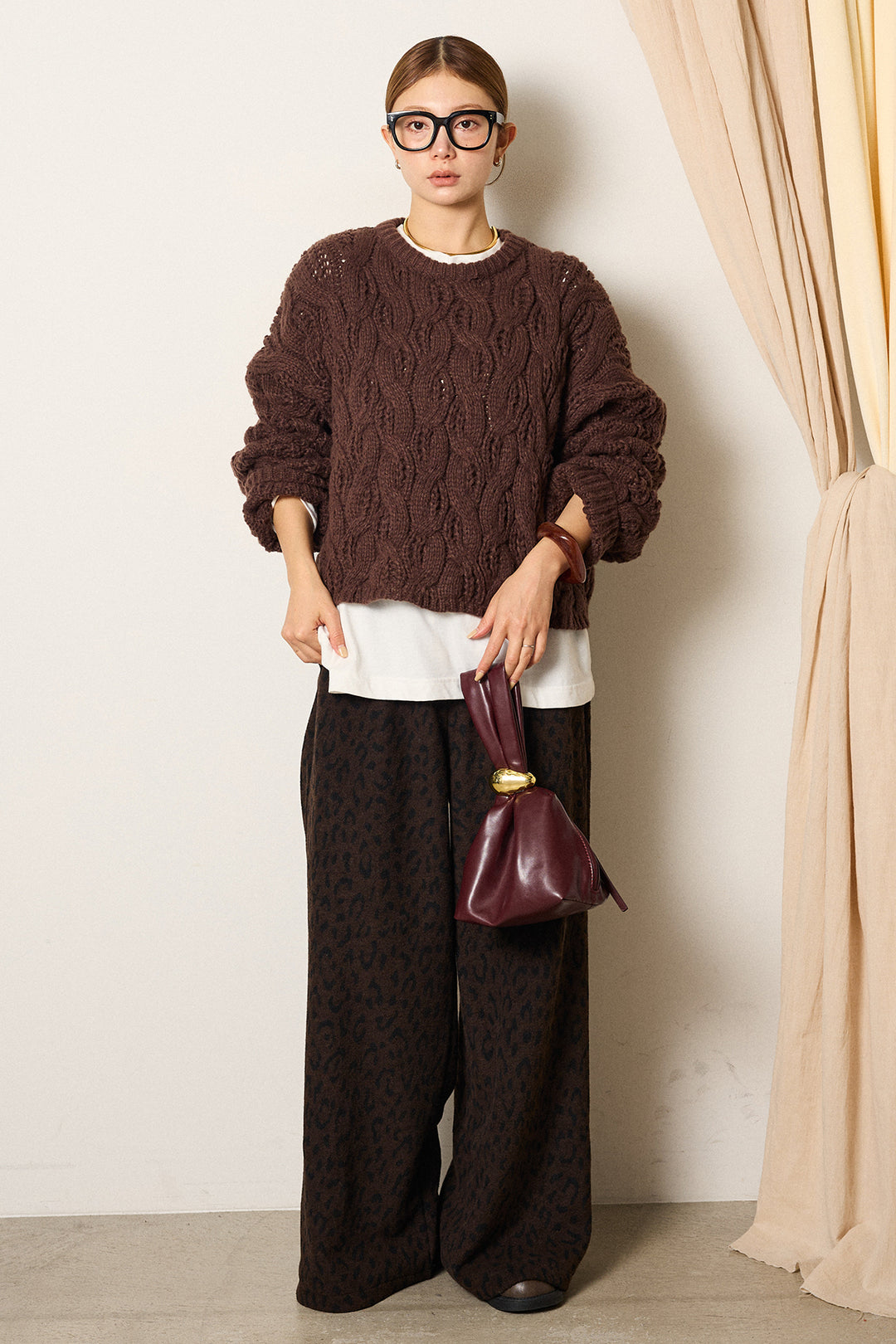 [SET]ケーブルリラックスショートニット+レオパードジャガードニットパンツ(2set)