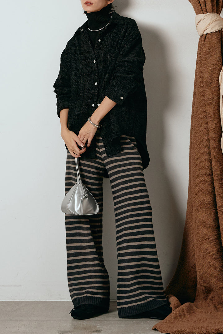 [SET]ルーズクラッシュツイルシャツ+リブニットシームレスタートルプルオーバー+ボーダーリラックスニットパンツ(3set)