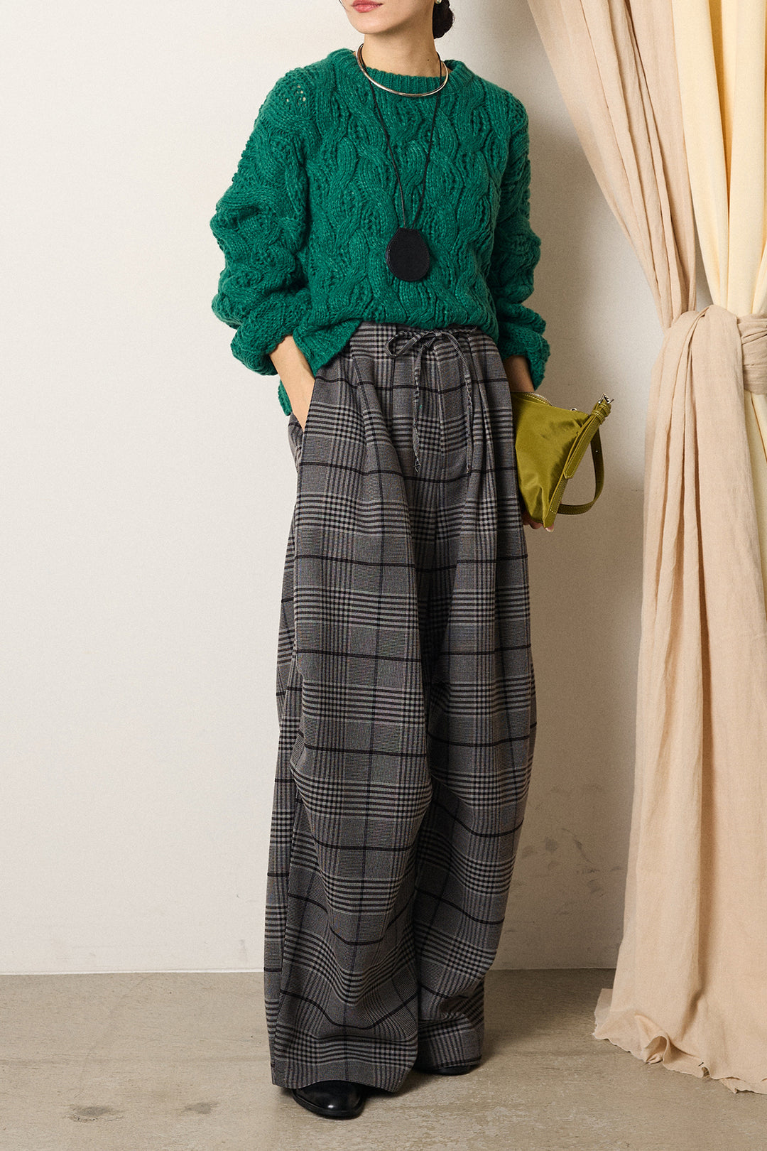 [SET]ケーブルリラックスショートニット+グレンチェックルーズタックパンツ(2set)