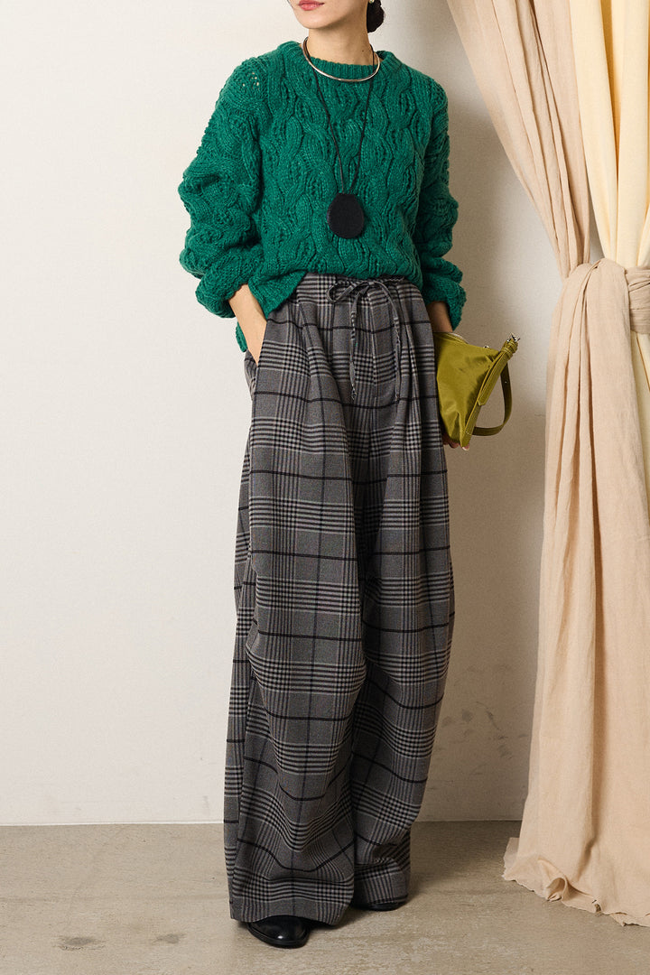 [SET]ケーブルリラックスショートニット+グレンチェックルーズタックパンツ(2set)