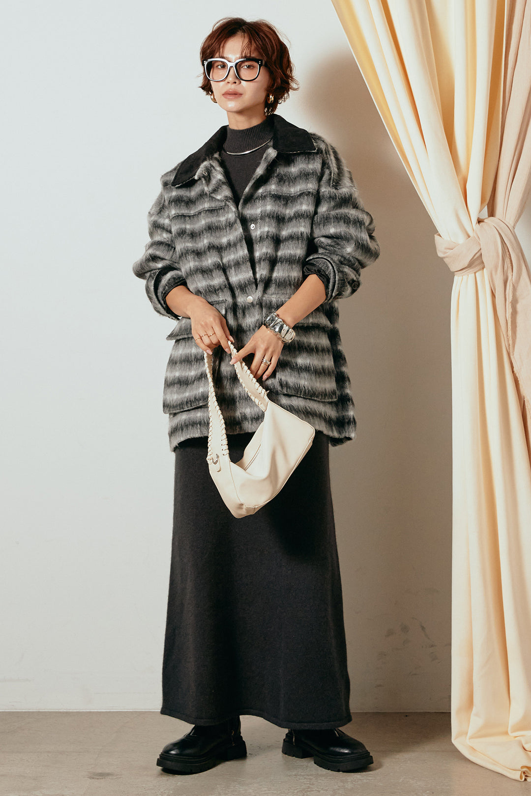 [SET]チェックシャギーミドルカバーオール+ノースリーブニットロングワンピース(2set)