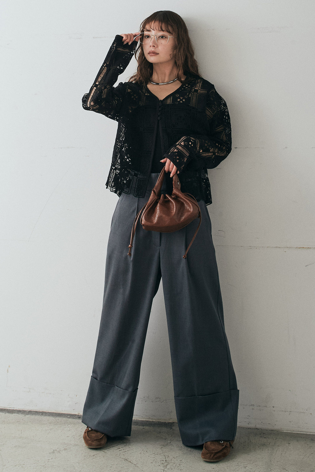 [SET]クロシェレースカーディガン+センタープレスセミワイドパンツ(2set)