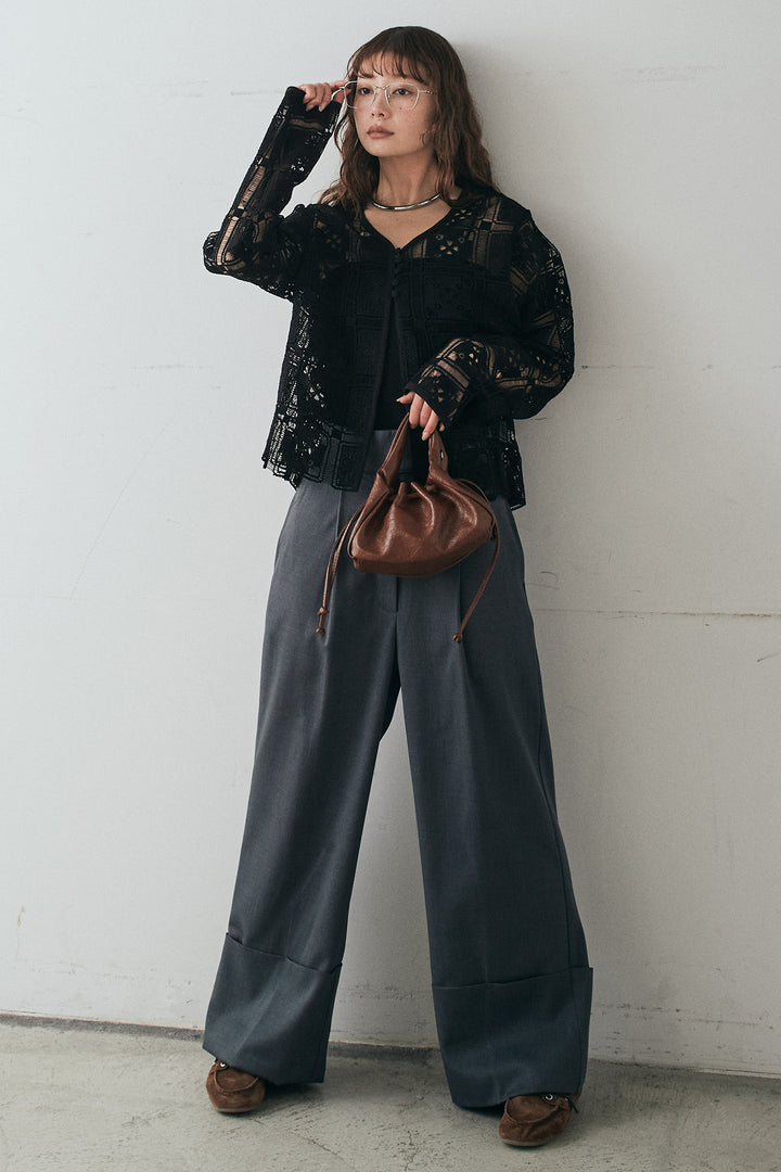 [SET]クロシェレースカーディガン+センタープレスセミワイドパンツ(2set)