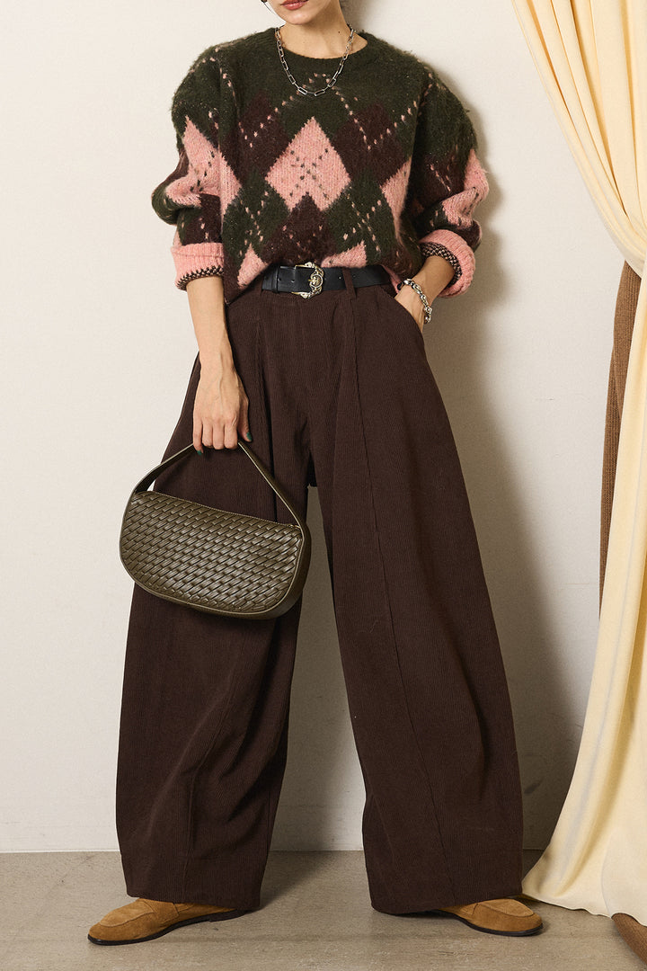 [SET]配色アーガイル柄ニットトップス+ベルト付きコーデュロイワイドパンツ(2set)