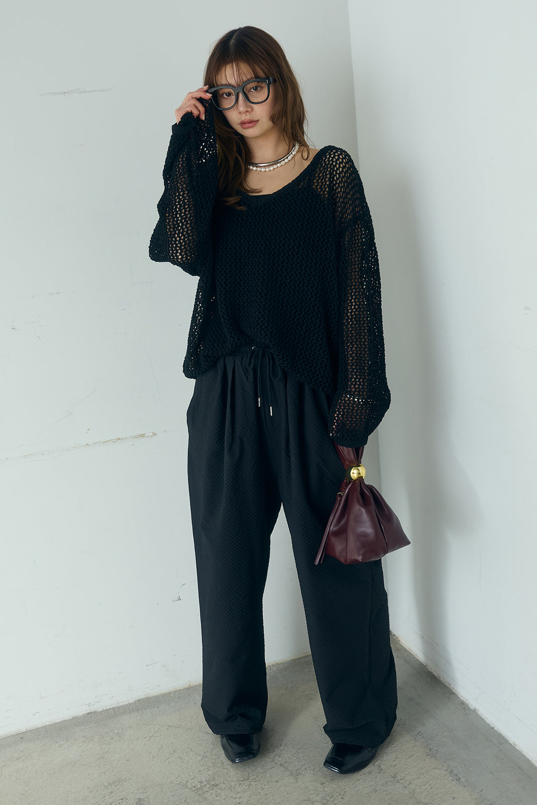 [SET]メッシュ編みビスチェセットVネックプルオーバー+シアサッカーイージーパンツ(2set)