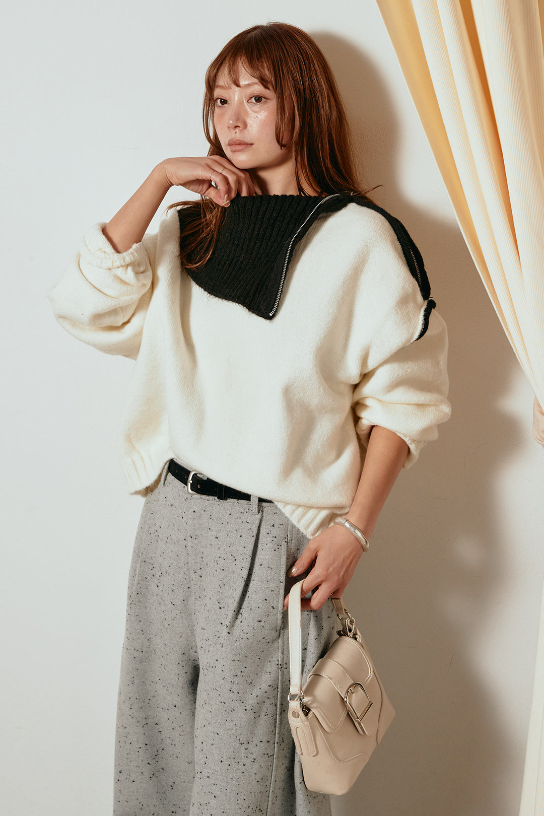 [SET]ハイネックジップデザインニットトップス+ベルト付きネップツイードカーブパンツ(2set)