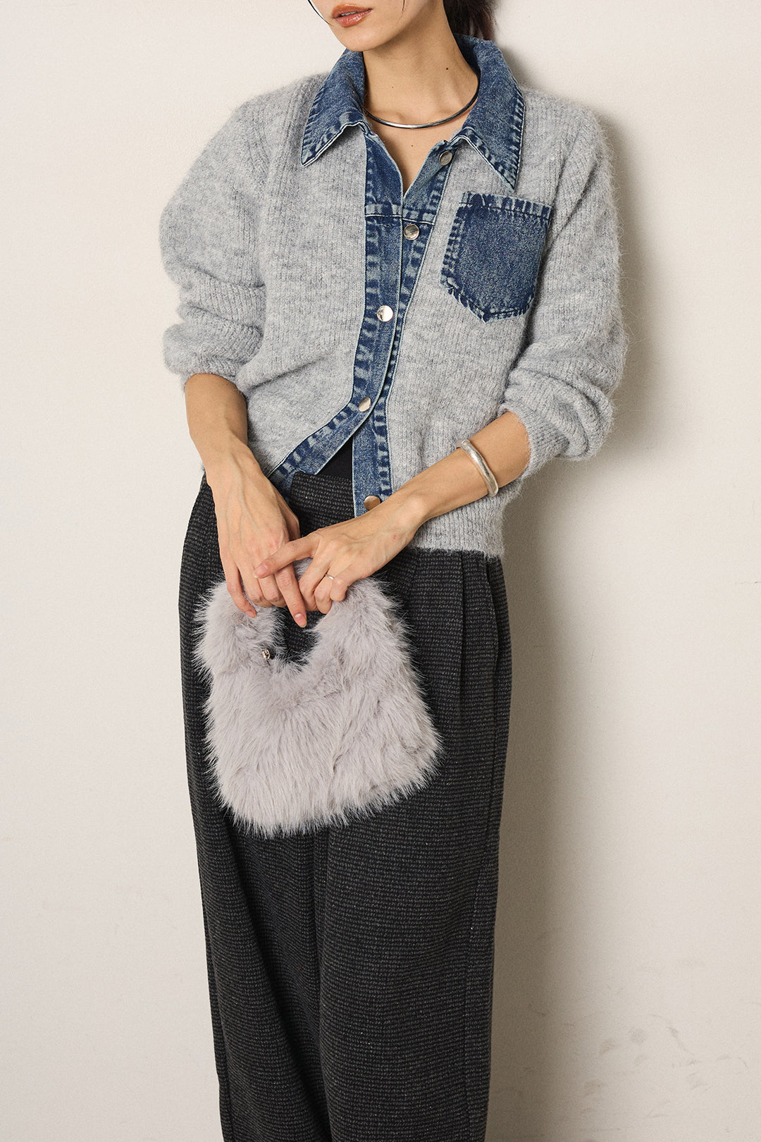 [SET]襟付きデニム切替ニットカーディガン+起毛タック入りツイードワイドパンツ(2set)