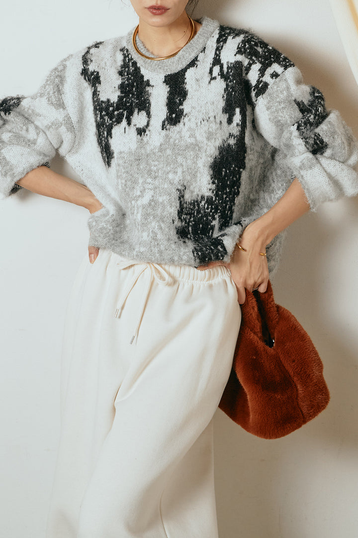 [SET]起毛ニュアンス柄ニットプルオーバー+裏起毛スウェットワイドパンツ(2set)