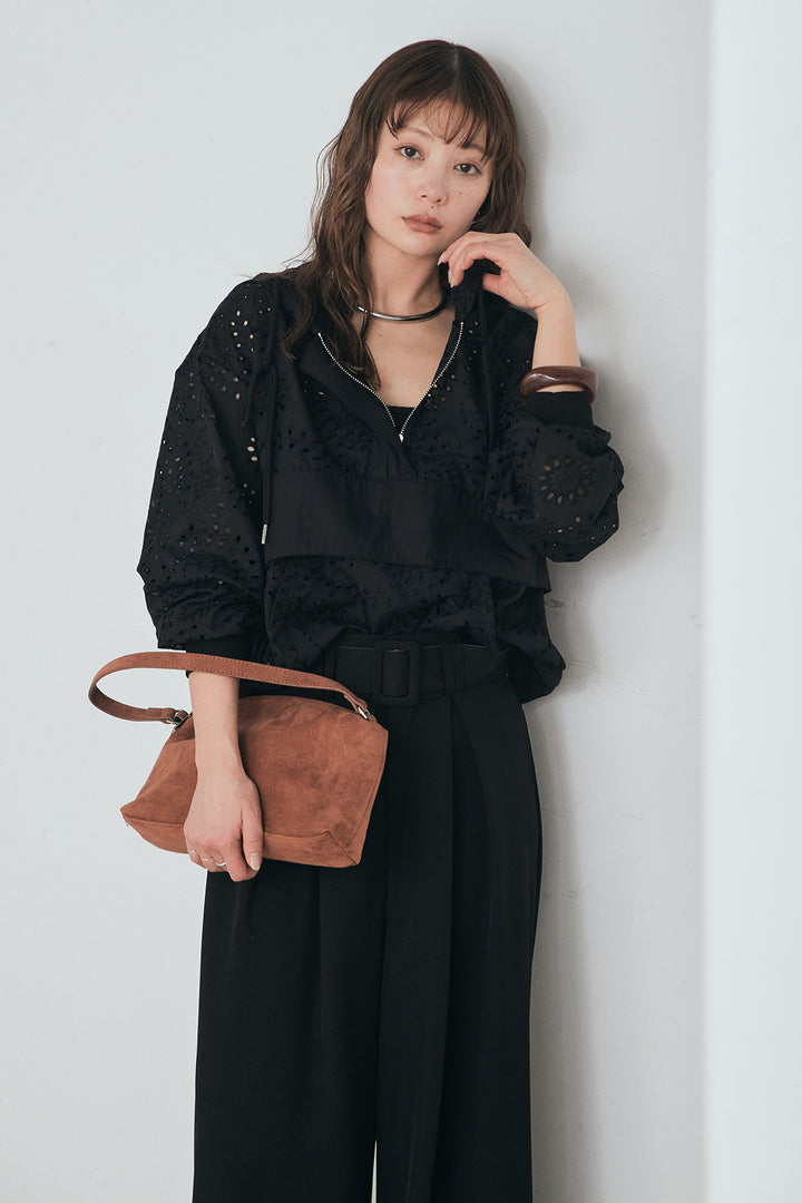 [SET]レースハーフジップアップフーディー+ベルト付きツータックワイドパンツ(2set)