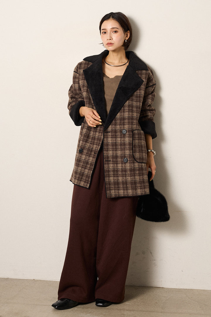 [SET]裏地ボアタータンチェック柄ミディアムコート+裏起毛スウェットワイドパンツ(2set)
