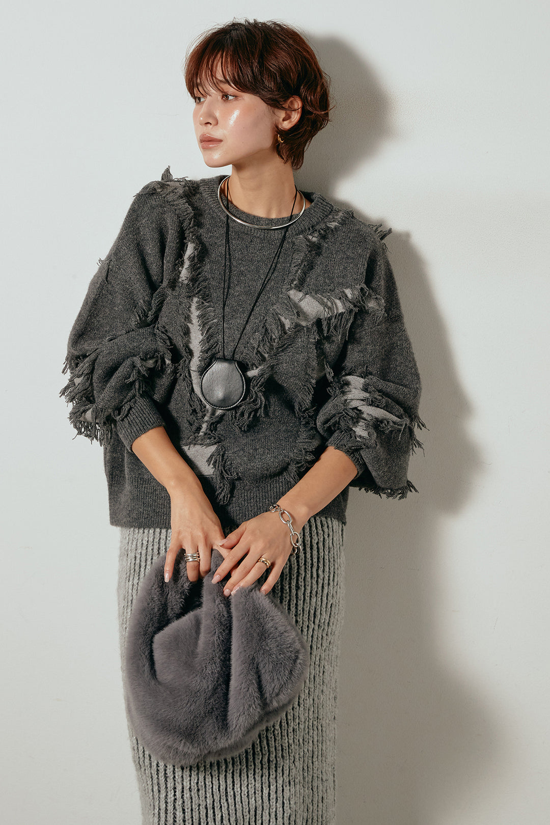 [SET]シャギージャガードニットトップス+アルパカタッチニットタイトスカート(2set)