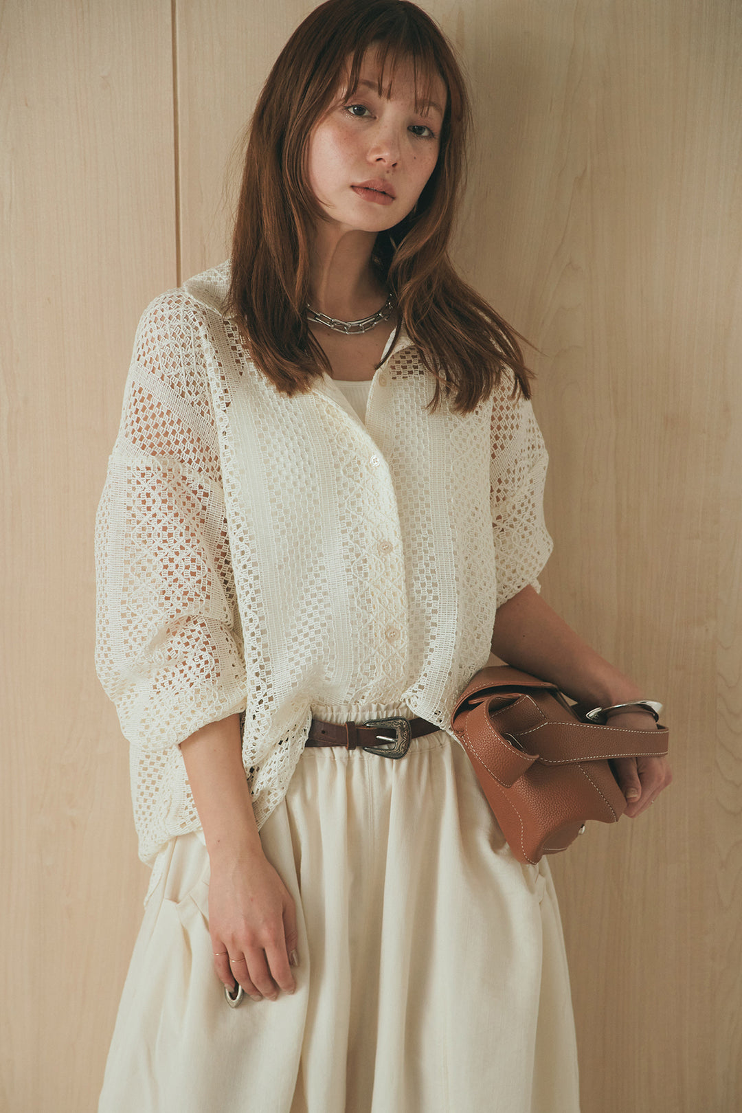 [SET]長袖襟付きレースシャツ+ポケットタックフォルムパンツ(2set)