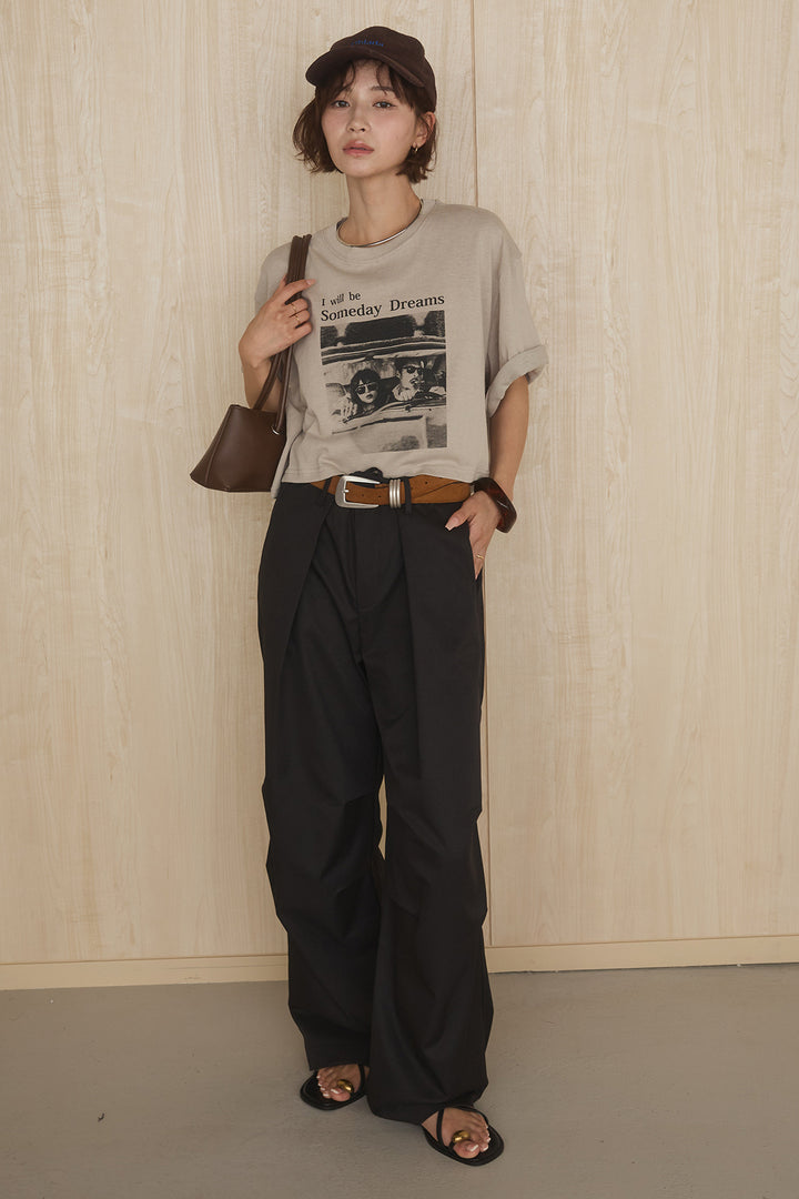 [SET]グラフィックサムデイワイドクロップドT+ニーサイドタックウエストドロストパンツ(2set)