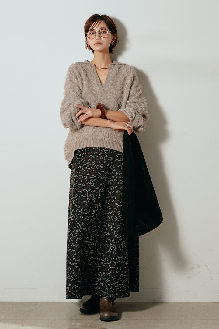 [SET]襟付きシャギーニットポロトップス+レオパードロングスカート(2set)