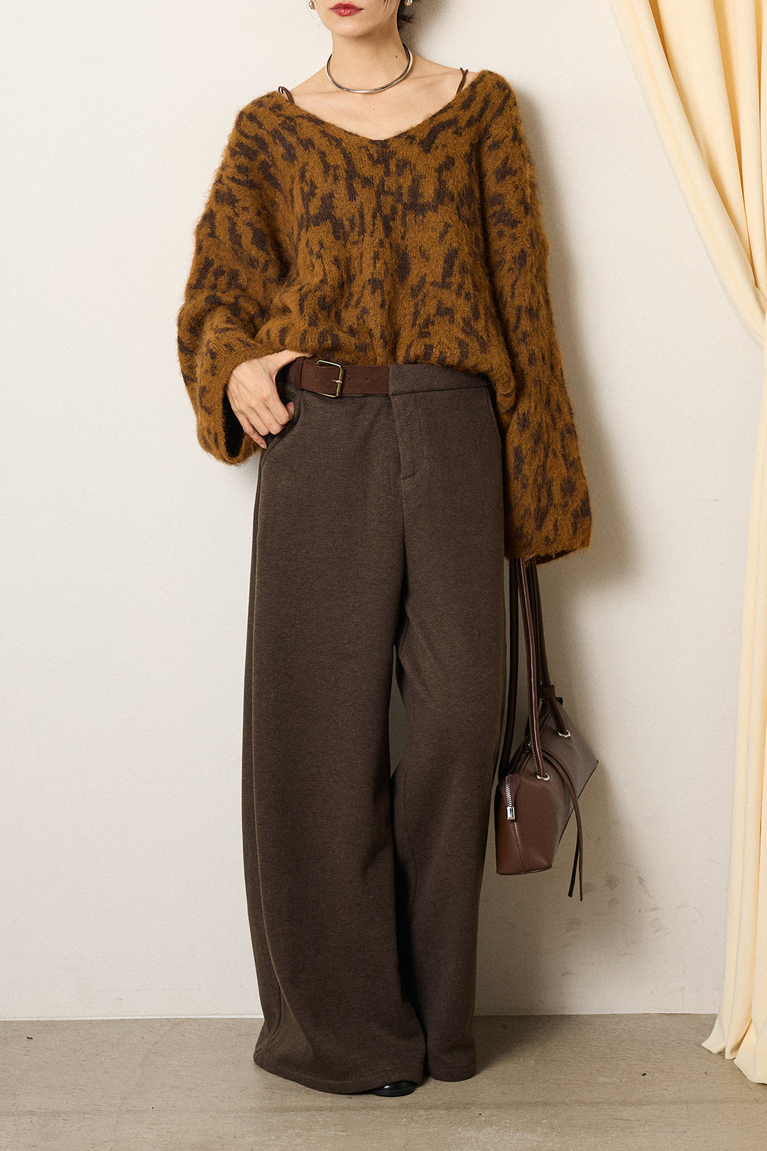 [SET]フラッフィーレオパードシャギーニット+サイドベルトパンツ(2set)