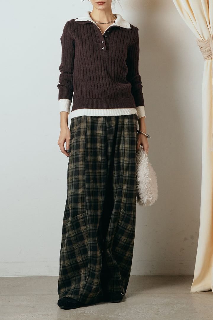 [SET]レイヤード風リブニットトップス+ベルト付きタータンチェックカーブワイドパンツ(2set)