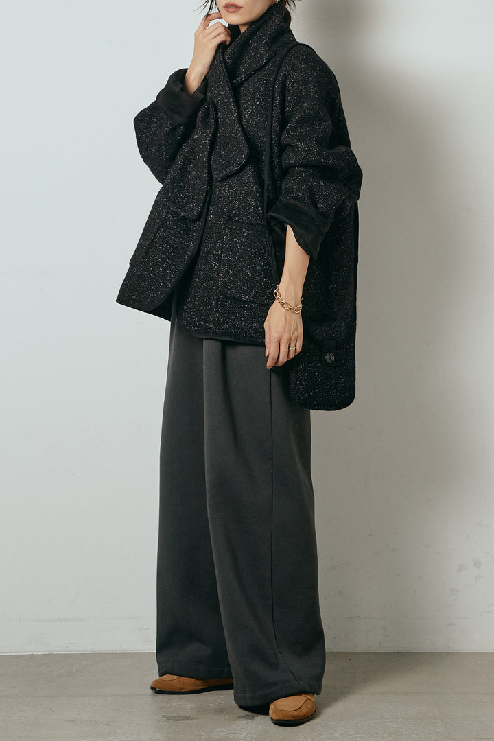 [SET]ノーカラーマフラーバッグ付きアウター+裏起毛スウェットワイドパンツ(2set)