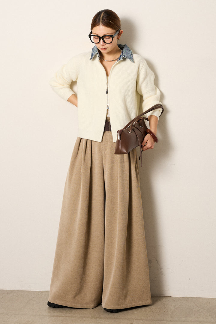 [SET]デニム襟ダブルジップニットトップス+ベルトループコーデュロイワイドパンツ(2set)