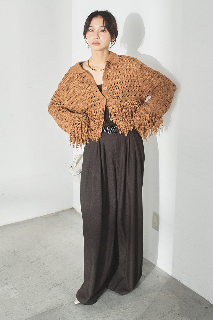 [SET]メッシュフリンジカーディガン+編みベルト付きウエストタックワイドパンツ(2set)