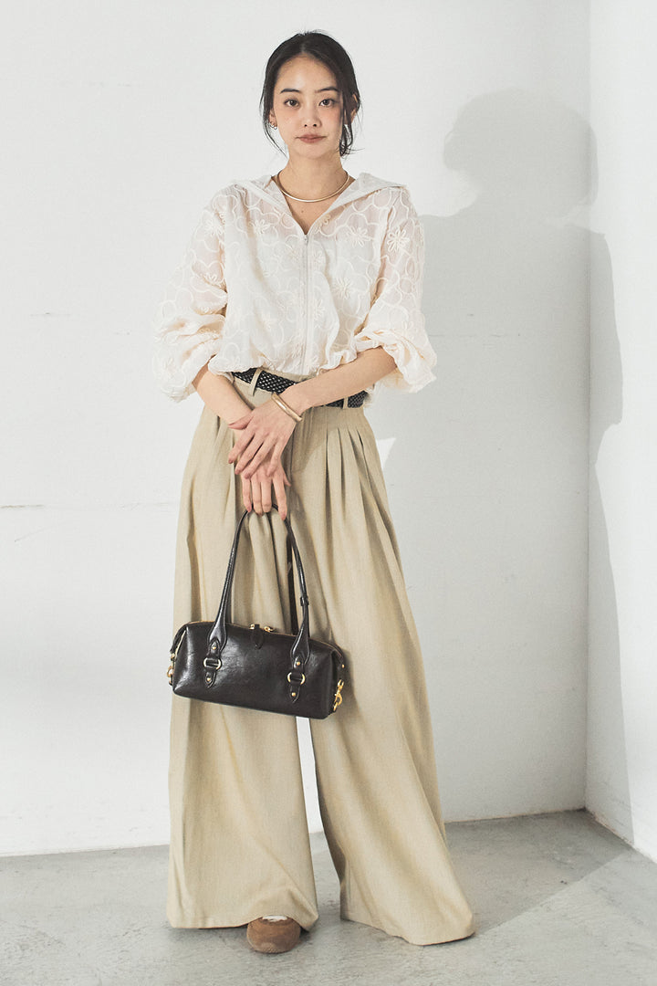 [SET]シアーフラワーフードブルゾン+編みベルト付きウエストタックワイドパンツ(2set)