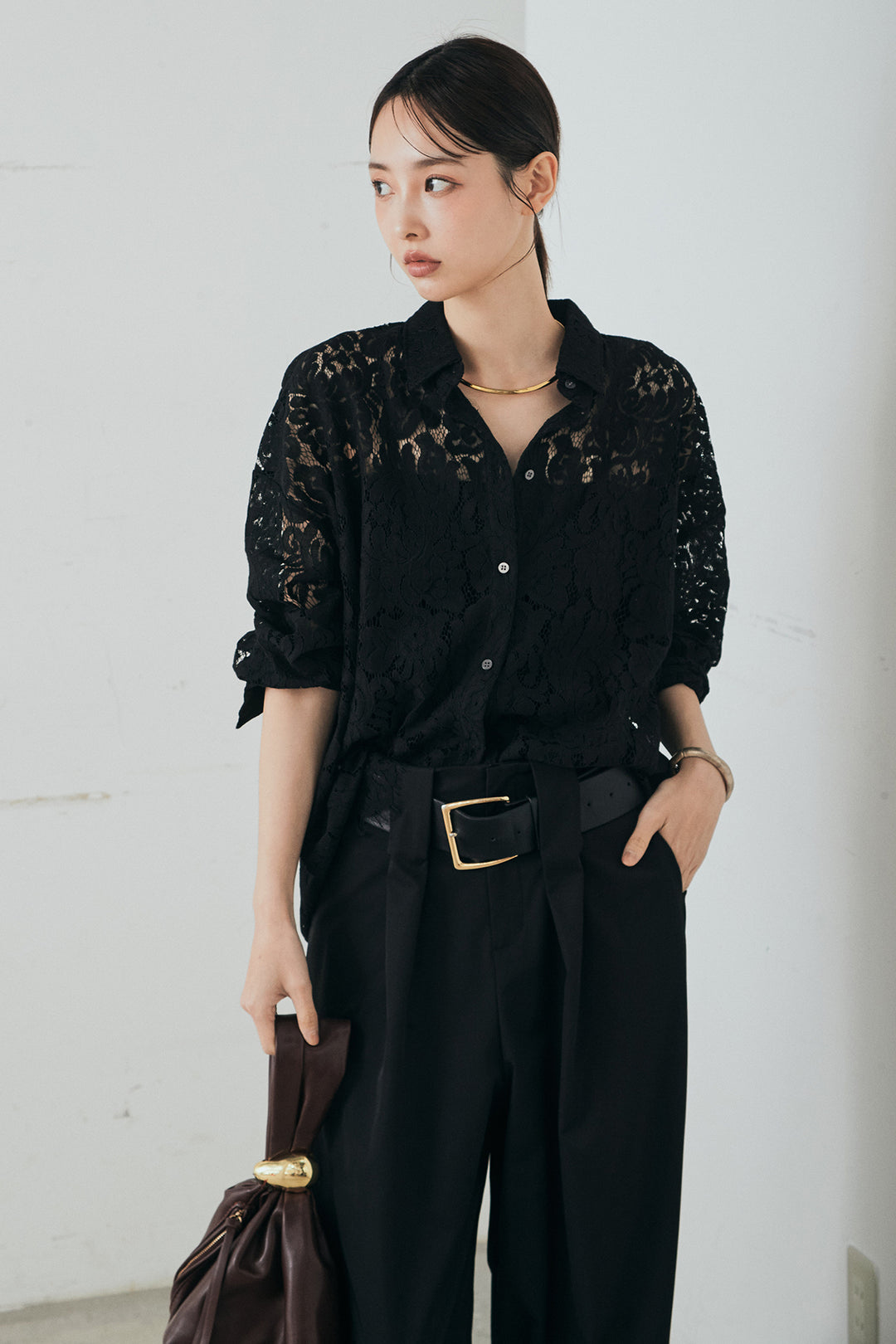 [SET]レース裾スカラップシャツ+ベルトループデザインハイウエストタックパンツ(2set)