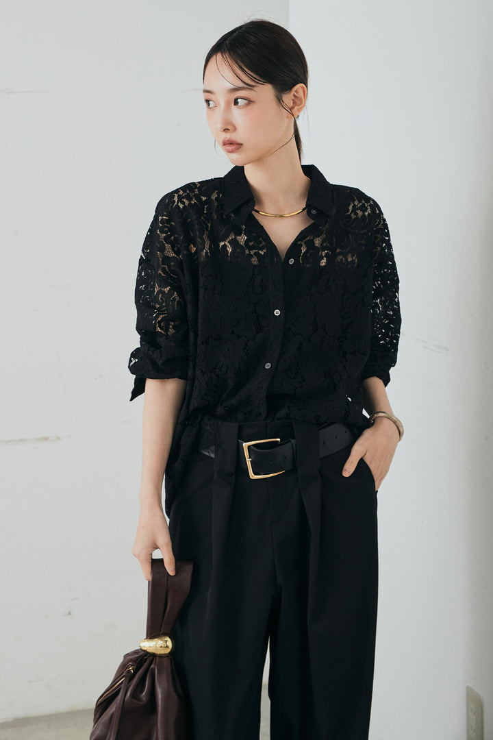 [SET]レース裾スカラップシャツ+ベルトループデザインハイウエストタックパンツ(2set)